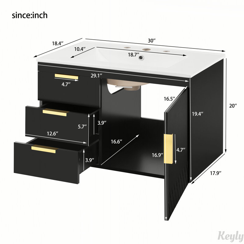 Armoire de salle de bain murale moderne avec lavabo en céramique, tiroirs à fermeture en douceur et porte pour un rangement et un style améliorés