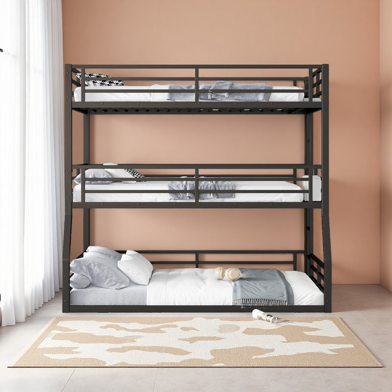 Full/Full XL Over Full/Full XL Over Queen Bunk Bed, Metal Triple Bunk Bed With Safety Guardrails, Heavy-Duty Bunk Bed With Noise-Reduced Design
