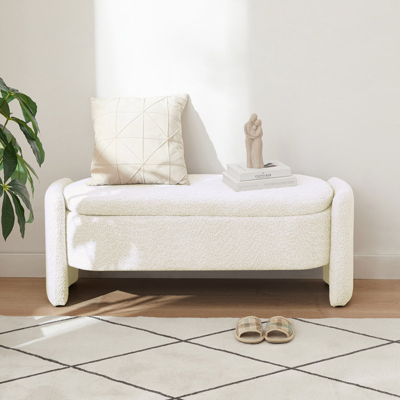 Ottoman Oval Storage Bench 3D Lamb Fleece Fabric  Bench, Cream White