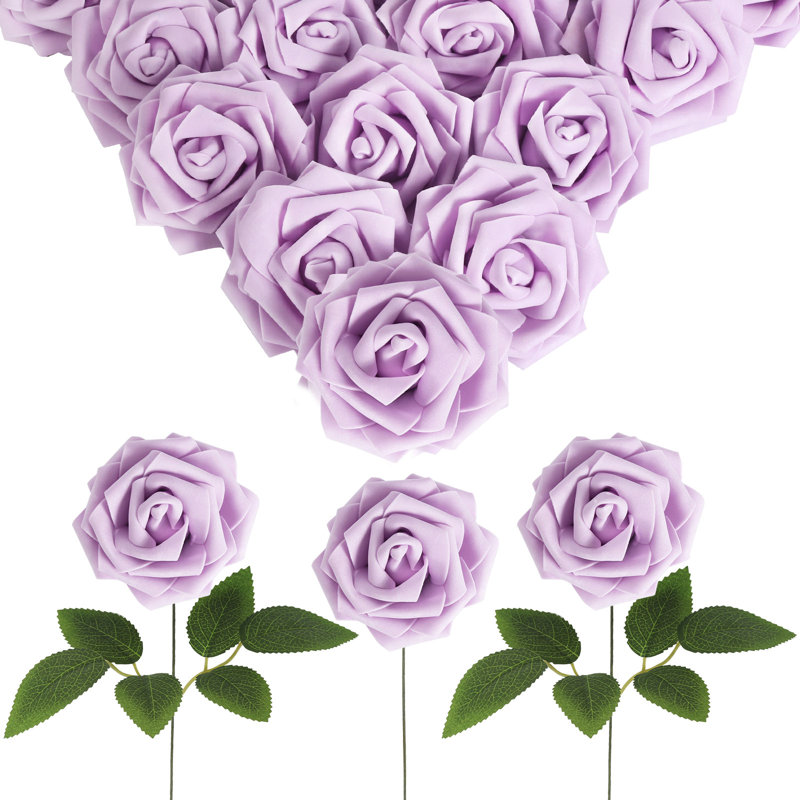 30 pièces fleurs artificielles roses en mousse avec tiges 8 cm fleurs roses, Mauve clair