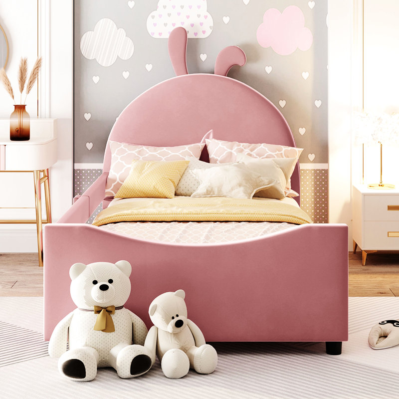 Lit de jour rose simple avec une jolie tête d'oreille de lapin - Structure en bois