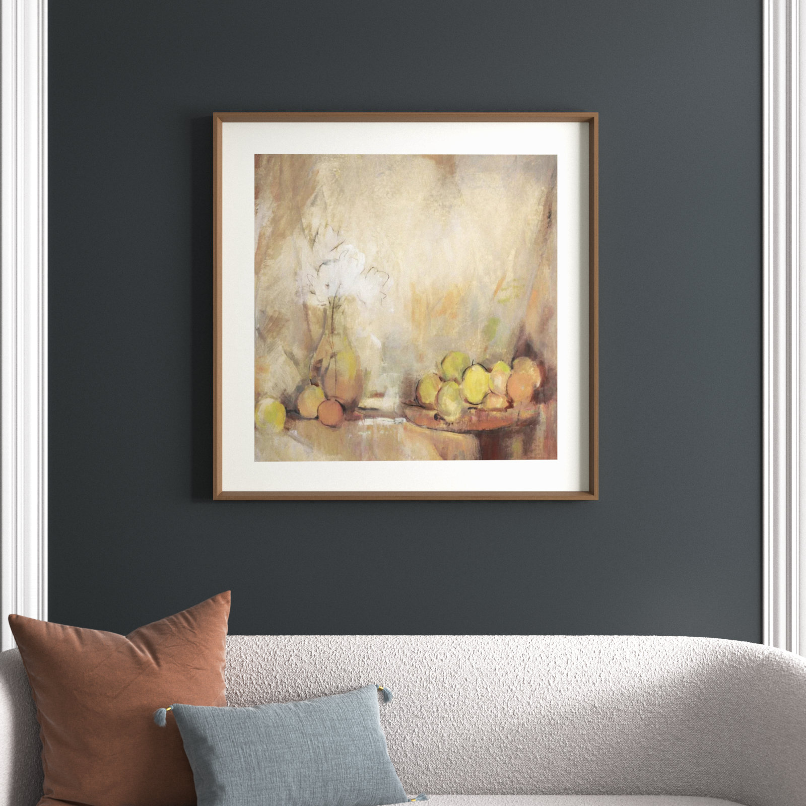 Still Life with Fruit in Study Painting, 41" H x 41" W, Light Bronze Framed Paper Paper