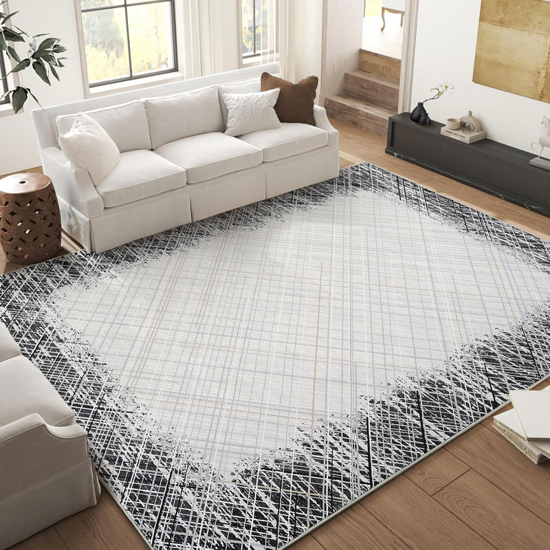 5x7 Machine Washable Area Rug, Modern Bordered, Stain Resistant, Non-Slip, Minimalist Accent Rug, Farmhouse Floor Cover, Dining, Grey.