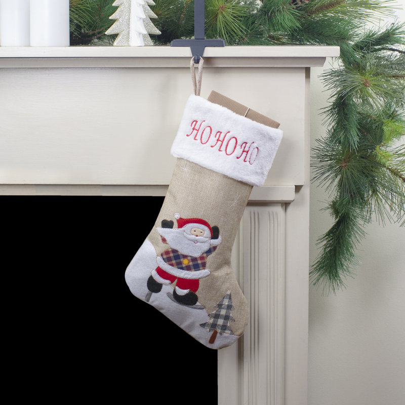 Chaussette de Noël 19 "Ho Ho Ho" en toile de jute beige et rouge
