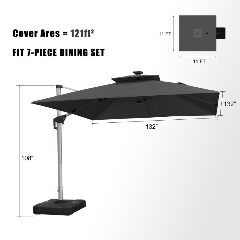 Mace 10' 9.9" Square Lighted Cantilever Umbrella With Base, Black