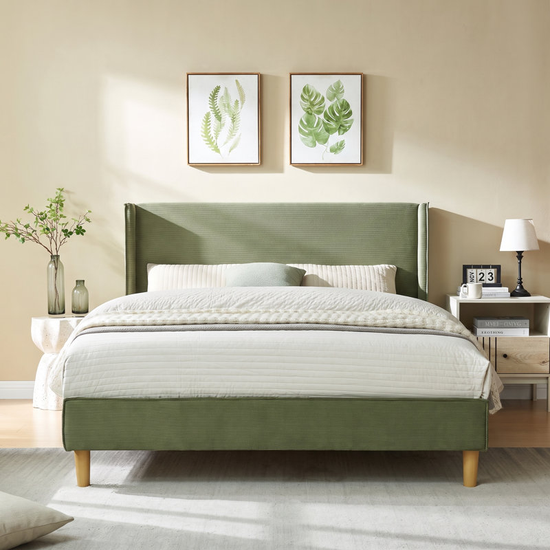 Janine Corduroy Upholstered Wingback Bed with Slat Kit and Solid and Manufactured Wood Frame, Queen, Turtle