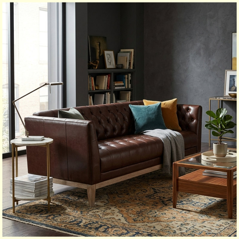Canapé Chesterfield 79,1 po 3 places en similicuir PU capitonné, Similicuir brun