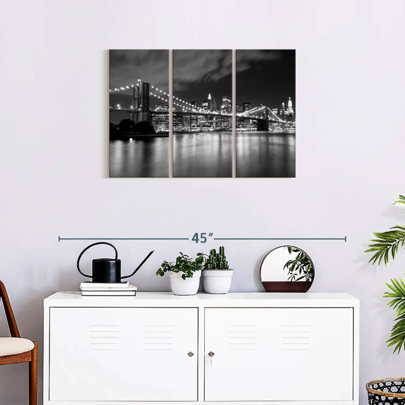 Pont de Brooklyn la nuit sur toile, ensemble de 3 pièces, H 32 po x l 50 po x P 1,25 po