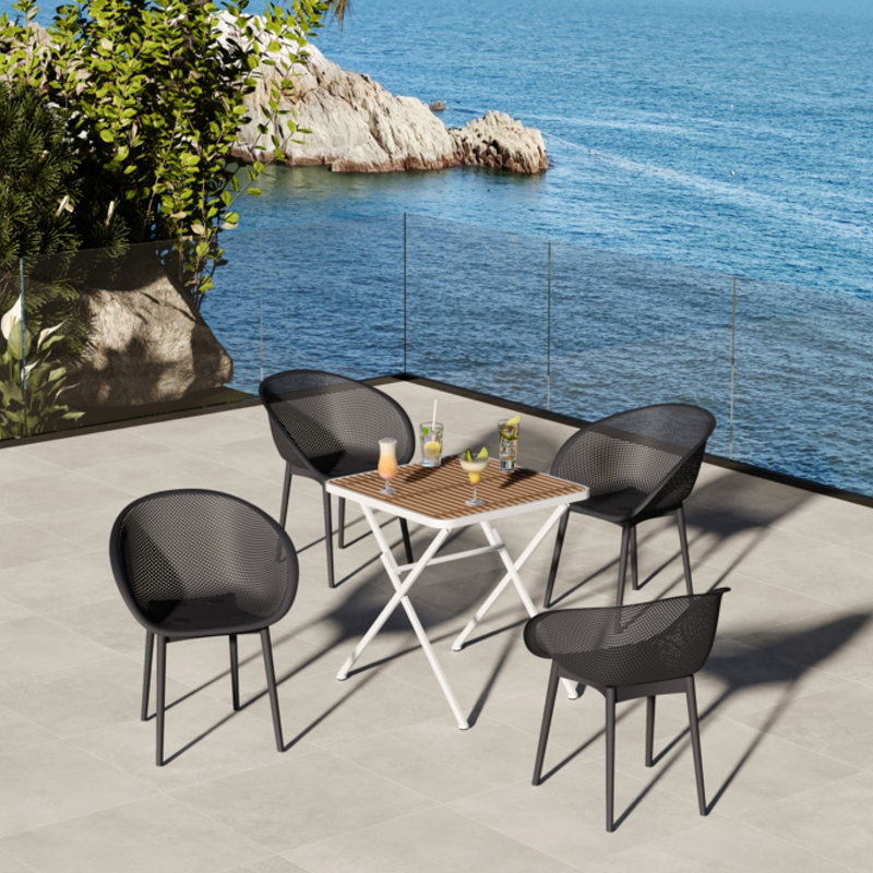 All-Weather 2 chaises modernes gris chaud et table carrée multifonctionnelle - plateau de table en Pp sur pieds en métal (blanc, kaki), patins antidérapants, Pp de haute qualité, filet respirant, structure