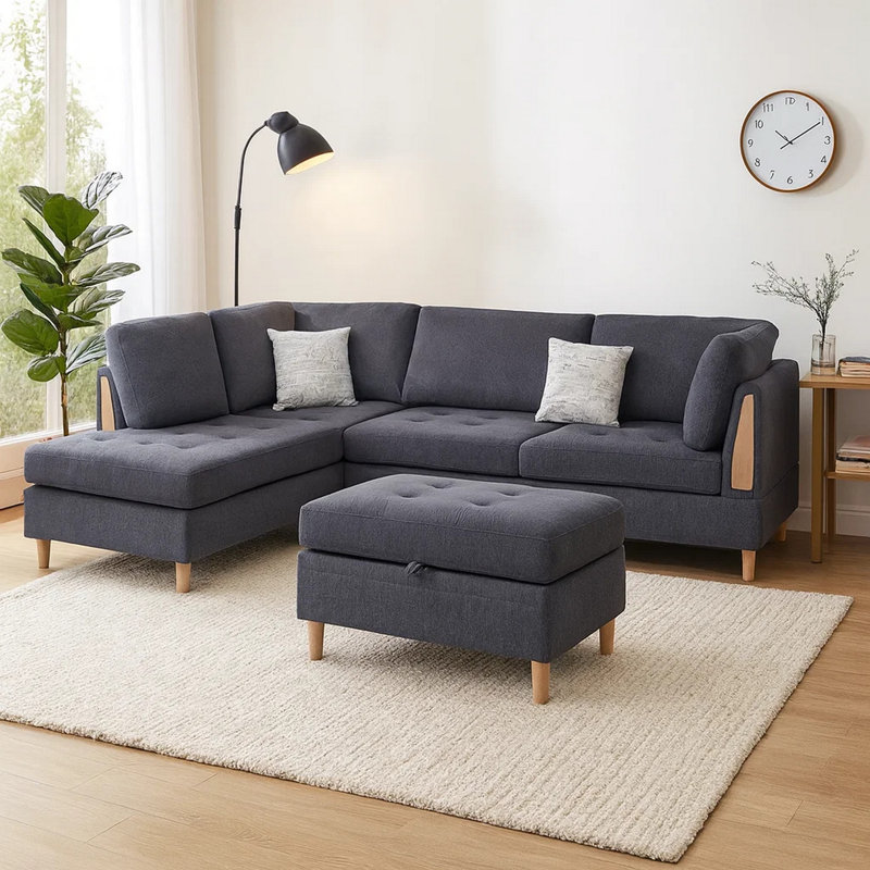 Canapé modulaire rembourré 4 pièces Khue, Chenille gris charbon, Accoudoir à gauche (vu de face)