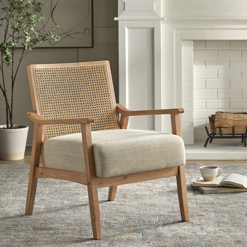 Shonda Cane and Solid Wood Accent Chair, Light Oak