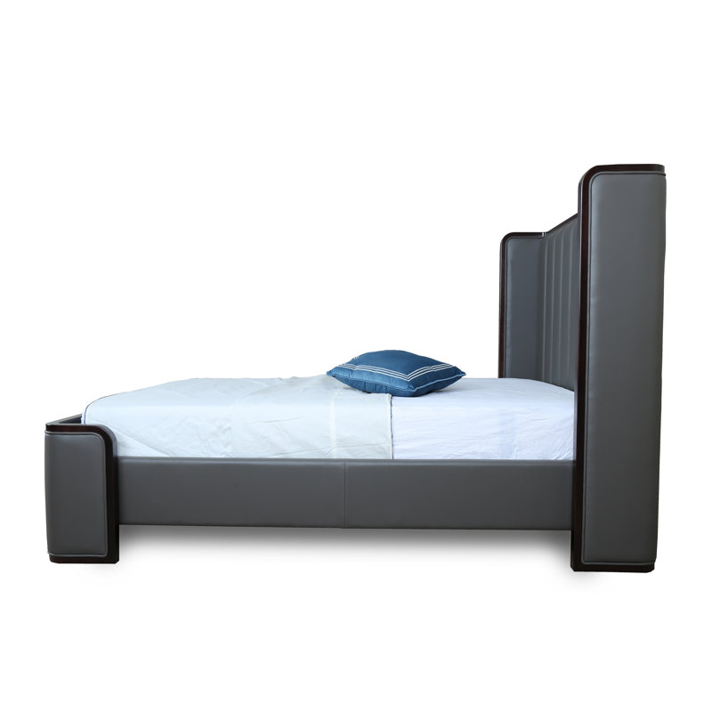 Kingdom Modern Queen Vegan Leather Upholstered Low Profile Ash Wood Platform Bed in Graphite, Graphite, Queen