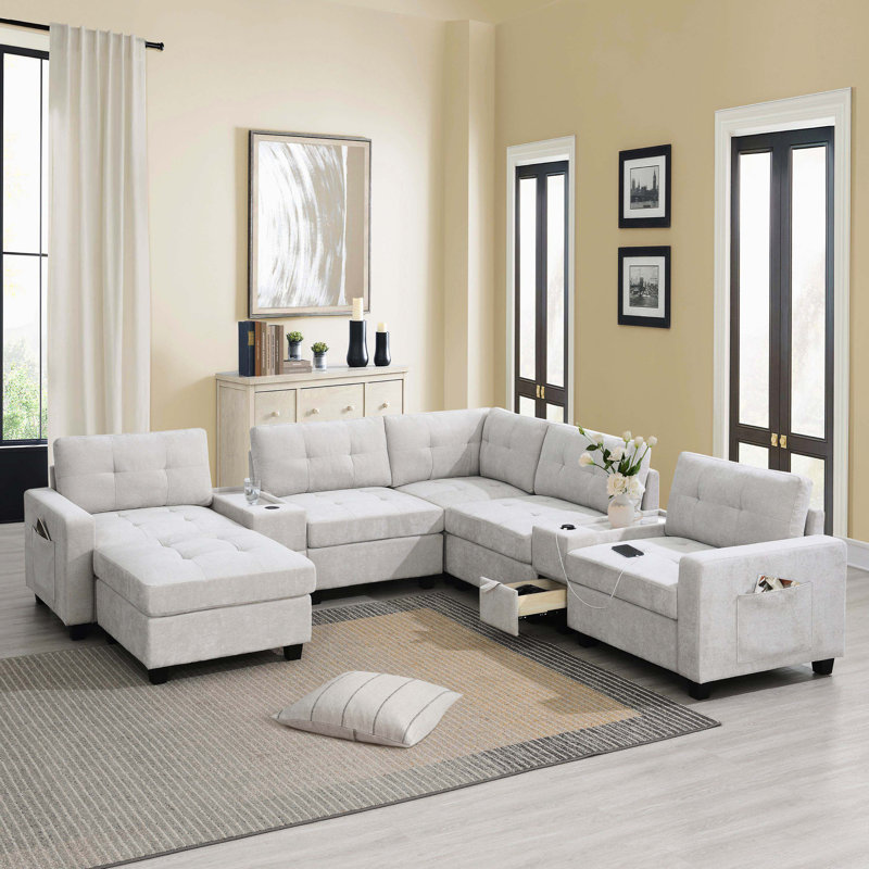 Canapé modulaire capitonné en L de 104 po avec repose-pieds mobile, consoles de rangement, chargeur USB et plateau en acrylique, ensemble de canapé en chenille en U pour le salon