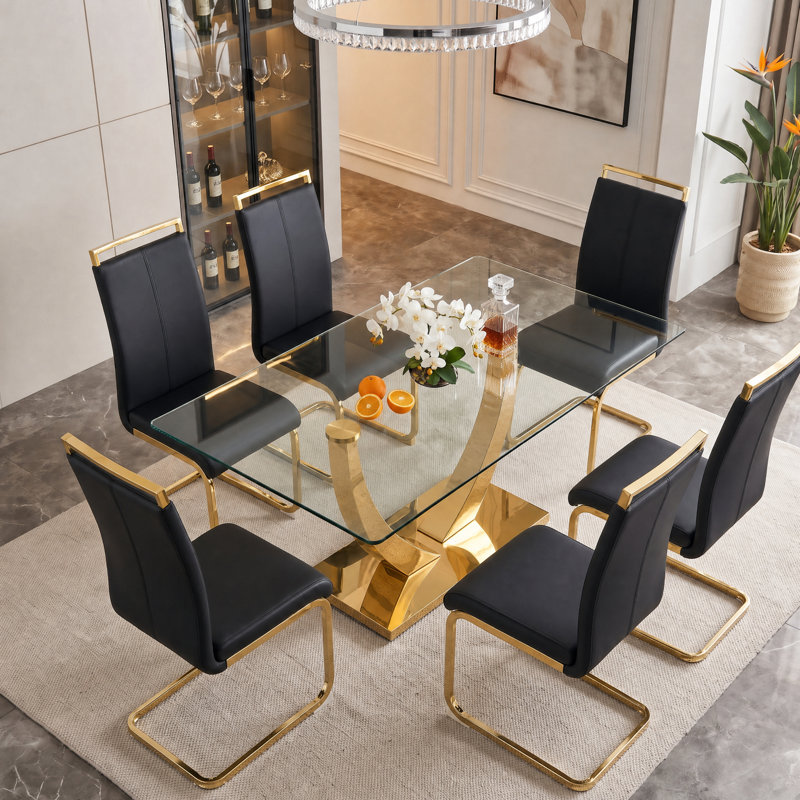 Ensemble de salle à manger 7 pièces rectangulaire moderne en verre trempé avec base en métal et chaises en porte-à-faux en similicuir