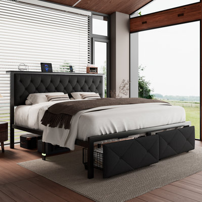 King Bed Frame With 2 Drawers, Metal Platform Bed With Charging Station And Linen Fabric Storage Headboard Strong Metal Slats