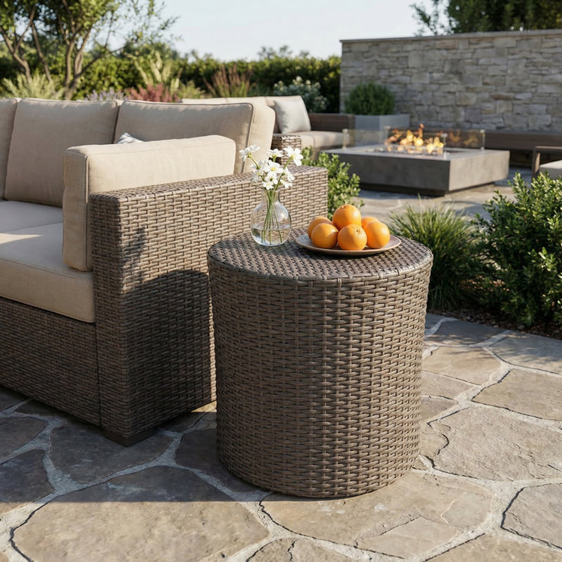 Modern Grey Outdoor Side Table, Rattan, Featuring Long-Lasting Woven Finish, Weather Resistant, Perfect for Indoor & Outdoor Use