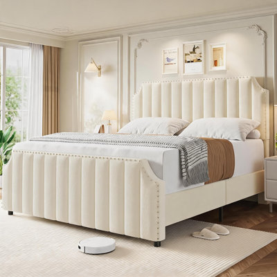 Velvet Upholstered Platform Bed Frame with 50.2" Tall Headboard & Footboard, Vertical Channel Tufting, Nailhead Trim, Solid Wood Slats, Noise-Free, No Box Spring Needed, Queen