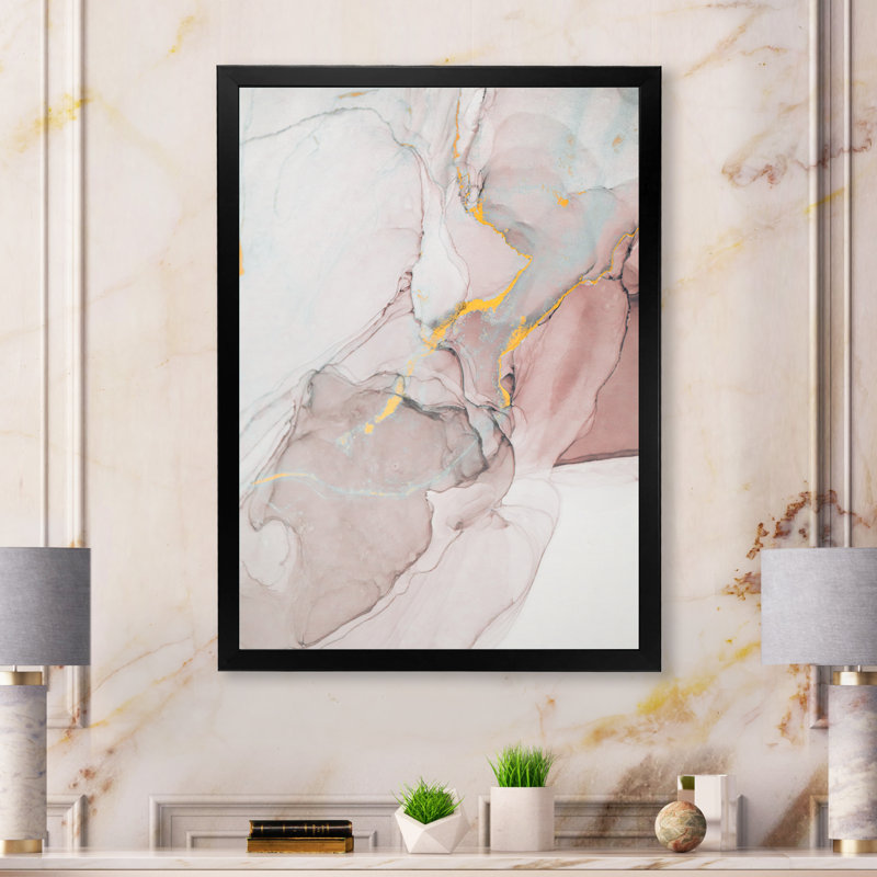 Gris et rose marbré art ondulations - décoration murale moderne en toile, Toile avec cadre photo noir, L 16 po x H 32 po