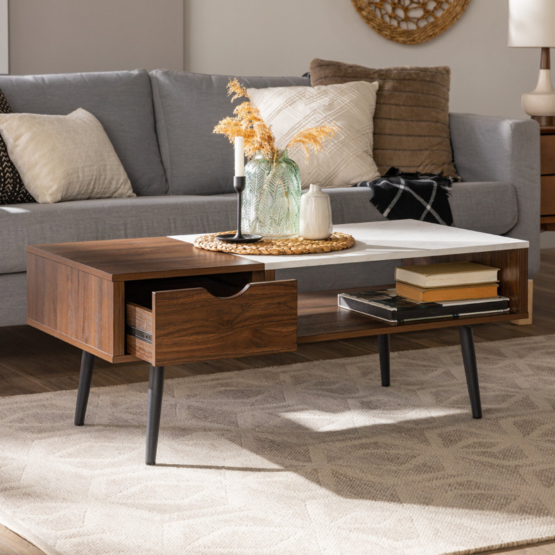 Barkhamsted Glass Top Coffee Table, Faux Marble, Dark Walnut