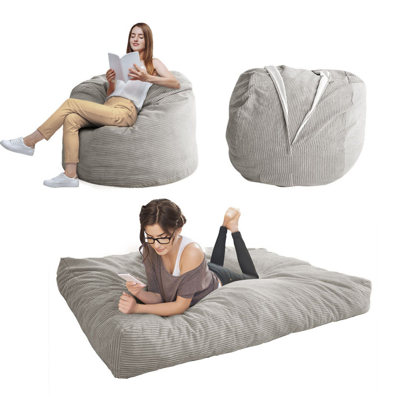 Corduroy Bean Bag Chair & Lounger, Gray Corduroy, 27.6 H x 47.2 x 47.3