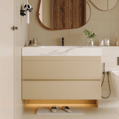 Meuble-lavabo flottant moderne 29,9 po avec comptoir en faux marbre et lavabo encastré en céramique, fixé au mur pour les petites salles de bain et les appartements