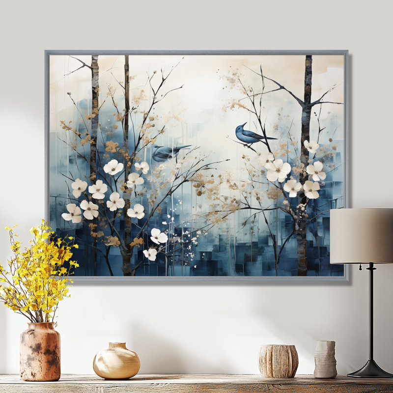 «Blue and White Forest Winter Harmony I», art mural sur toile, H 16 po x l 32 po, Encadrement argenté