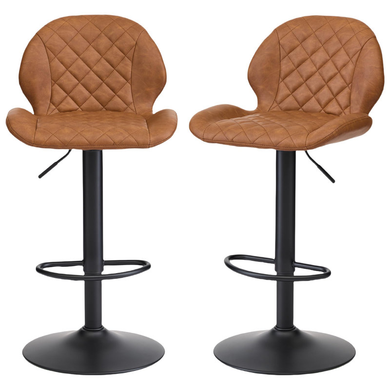 Adjustable Swivel 24"-33" Height Rhombus Faux Leather Bar Stools with Back for Kitchen Island, 2, Brown