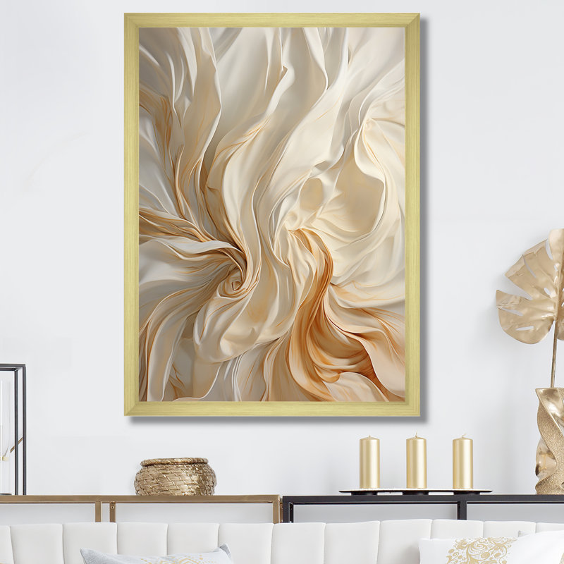 Blanc et champagne Flow IV - Champagne, art mural, Encadrement doré, H 32 po x l 24 po x P 1 po
