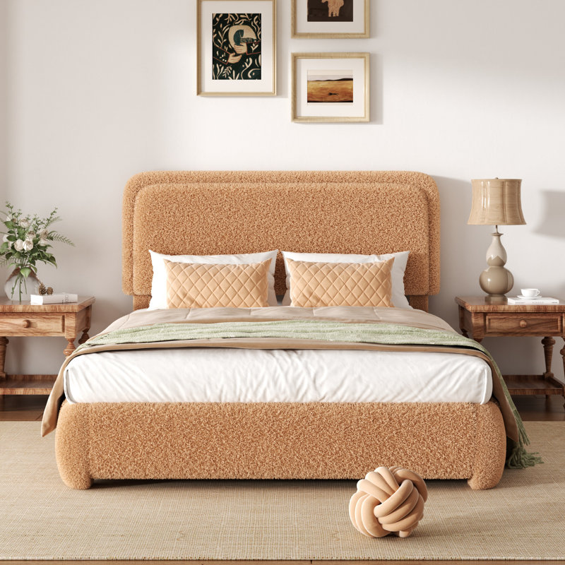 Base de lit plateforme tapissier Boucle avec tête de lit réglable et coins arrondis doux, Chameau, Double