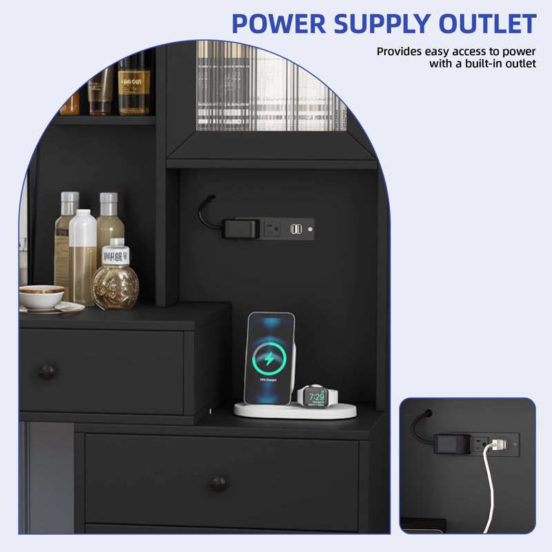 Modern Black Vanity Table with LED Mirror, Built-In Power Hub & Ample Storage