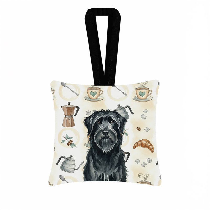 Ornement suspendu en tissu noir café carré Briard 3,5 x 3,5, Berger de Brie noir