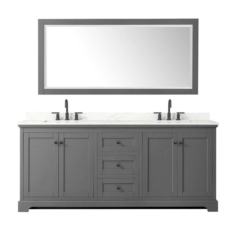 Meuble-lavabo double autoportant 60 po avec plateau en quartz et miroir Avery, WDX13588, Blanc, Noir mat