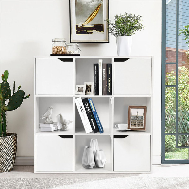 Organisateur de bibliothèque blanc à 9 cubes avec armoires et casiers, unité de rangement à 3 niveaux pour la maison