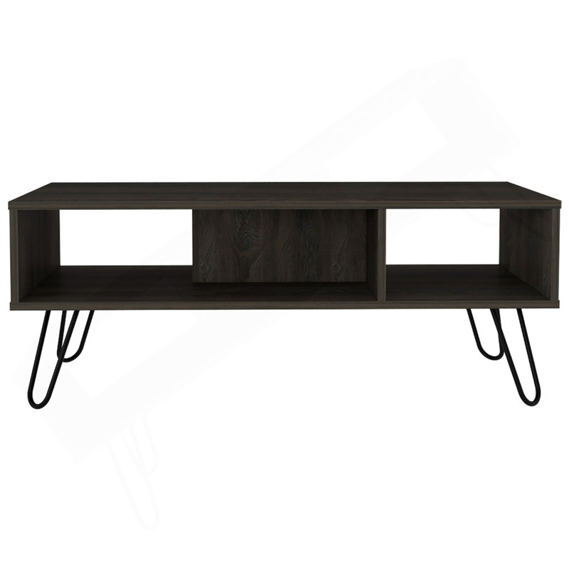 Table basse, quatre pieds, deux tablettes, espresso
