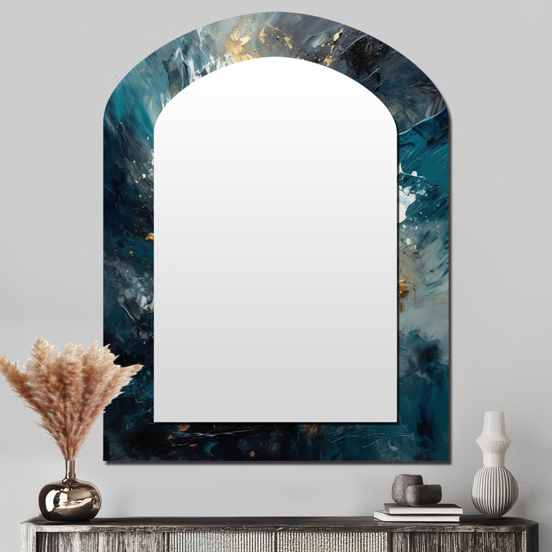 Blue Gold Transcendent Liquid Ink II - Marble Asymmetrical Large Mirror, Modern Arch Decorative Wall Mirror, Printed Metal Art
