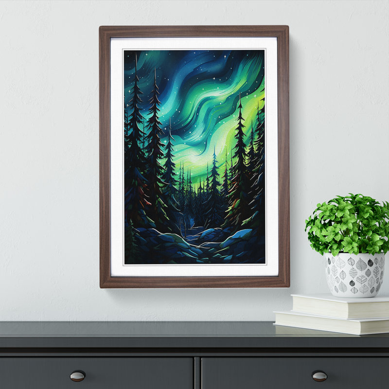 Northern Lights Abstract - Single Picture Frame Print on Wood, 64cm H x 46cm W x 2cm D, Walnut