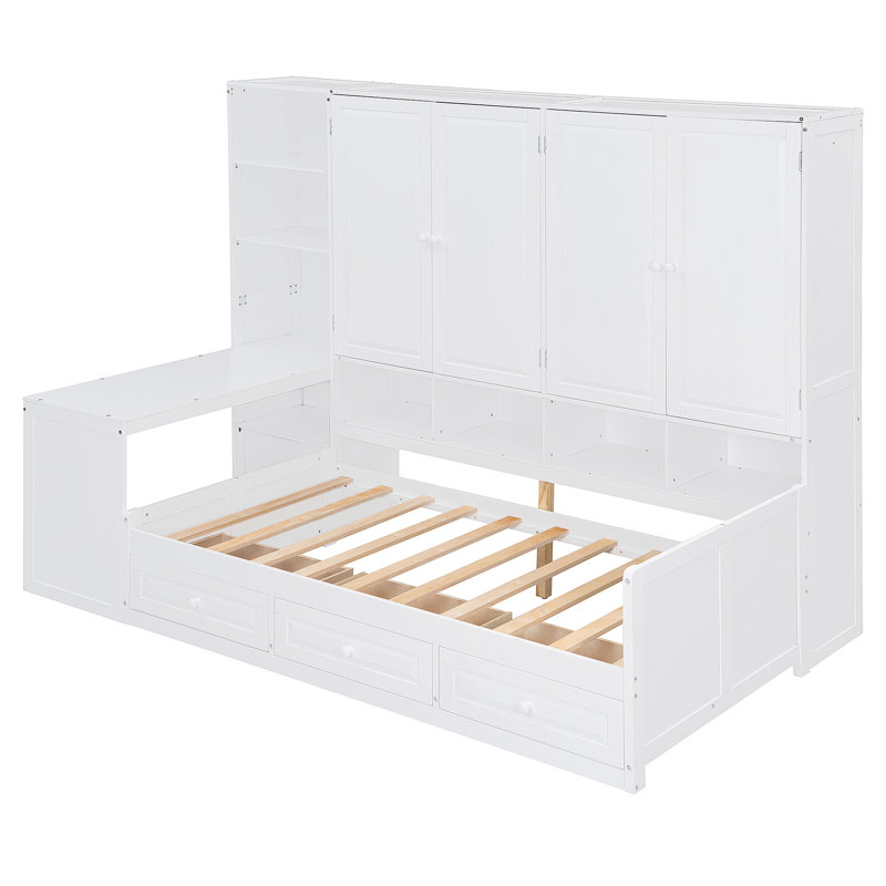 3 Drawers Daybed With Desk, Storage Cabinet, Bookcase, Wardrobe, Twin, White