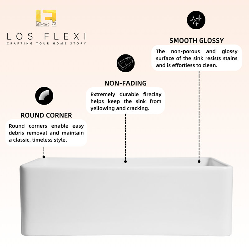 Los Flexi Apron Front Farmhouse Sink, Fireclay Sink for Kitchen, Strainer Included, 30'' L x 18'' W x 10'' H, Single Bowl