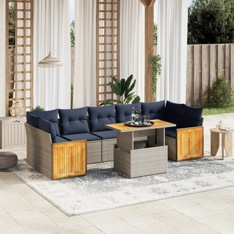  Ensemble de canapé de patio 8 pièces avec coussins en rotin de polyester, Gris, Bleu