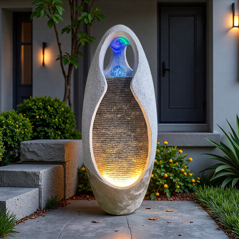 27.55" H Resin Outdoor Water Fountain with LED Lights & Cascading Waterfall, Modern Freestanding Floor Fountain with Stone-Like Finish for Garden Patio Indoor Decor