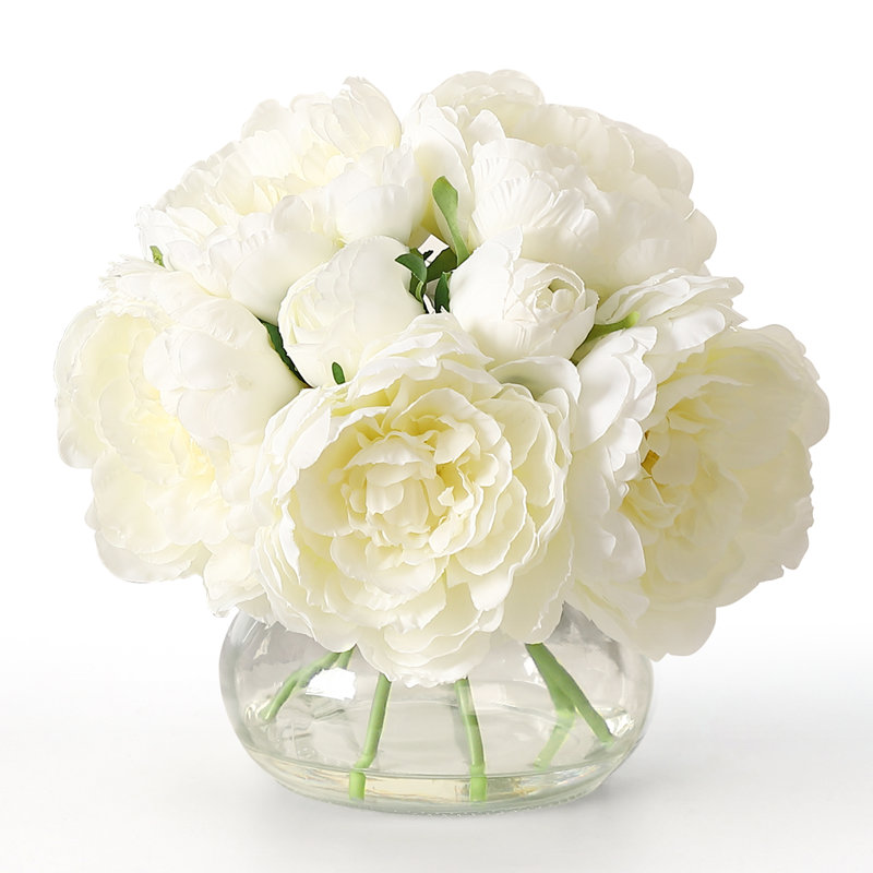 Pivoines artificielles élégantes au toucher véritable dans un vase en verre, Blanc