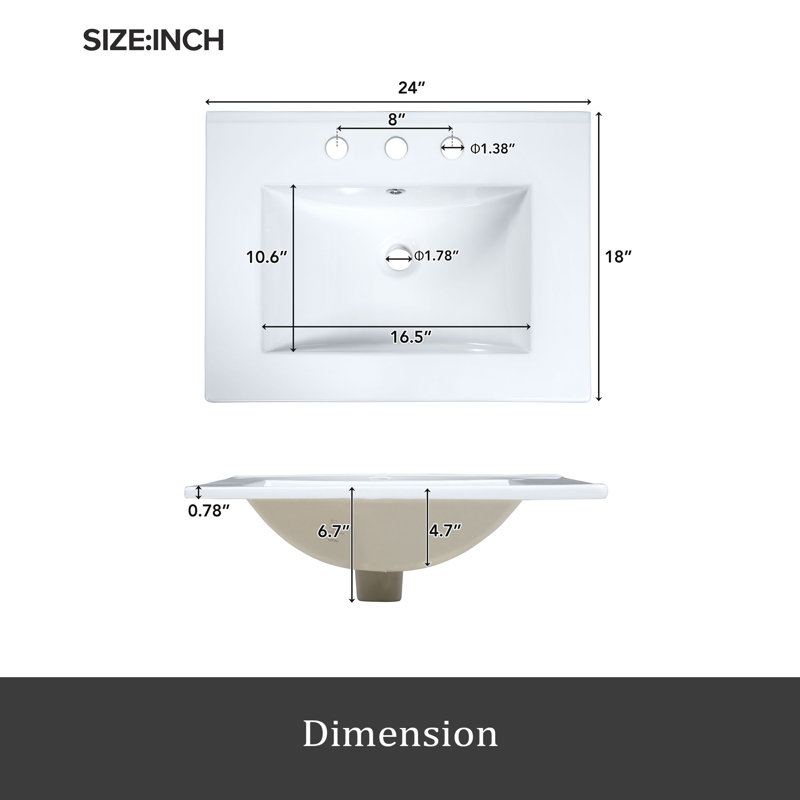 Meuble-lavabo de 24 pouces avec lavabo en céramique, 1 porte à fermeture en douceur, 2 tiroirs à fermeture en douceur et 2 supports de rangement sur la porte