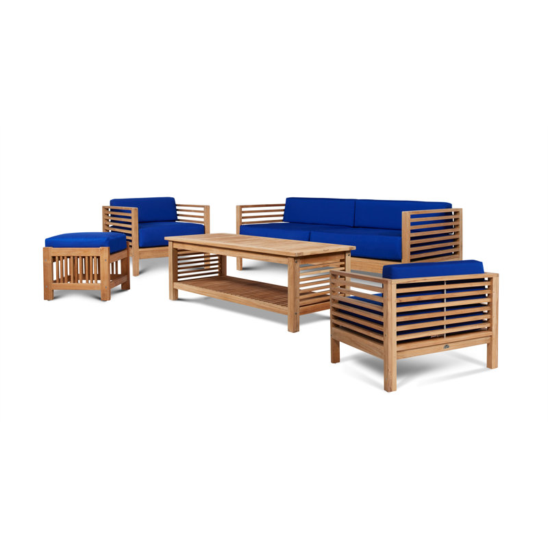 Summer 4 Piece Rattan Sunbrella Sofa Set with Cushions, Navy, Brown