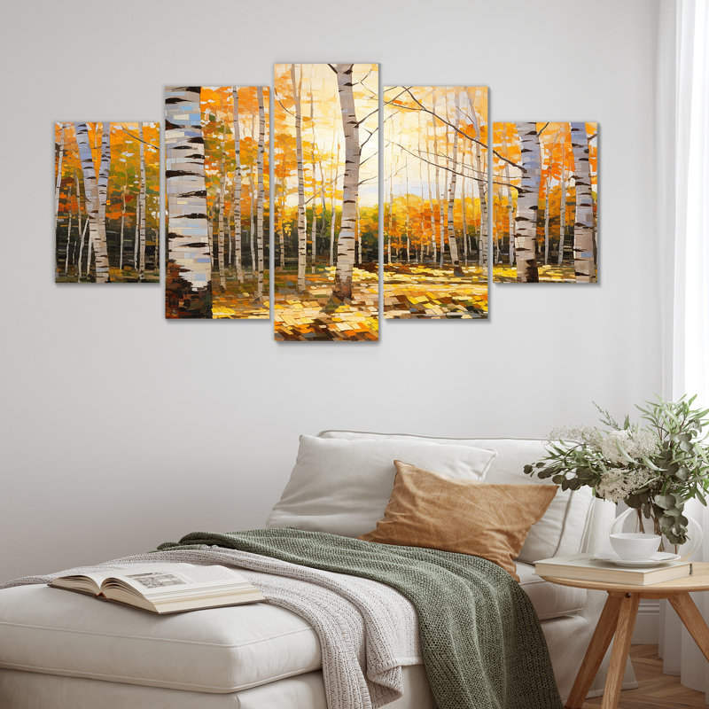 «Sunshine Through The Birch Trees - Tree Birch», art mural sur toile 5 pièces, H 32 po x l 60 po