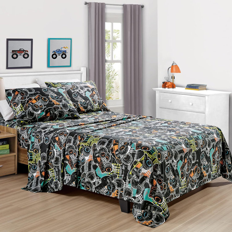 Fun Kids Teens Microfiber Sheet Set, Blue/Green Monster Trucks, Twin XL Sheet Set with 1 Pillowcase