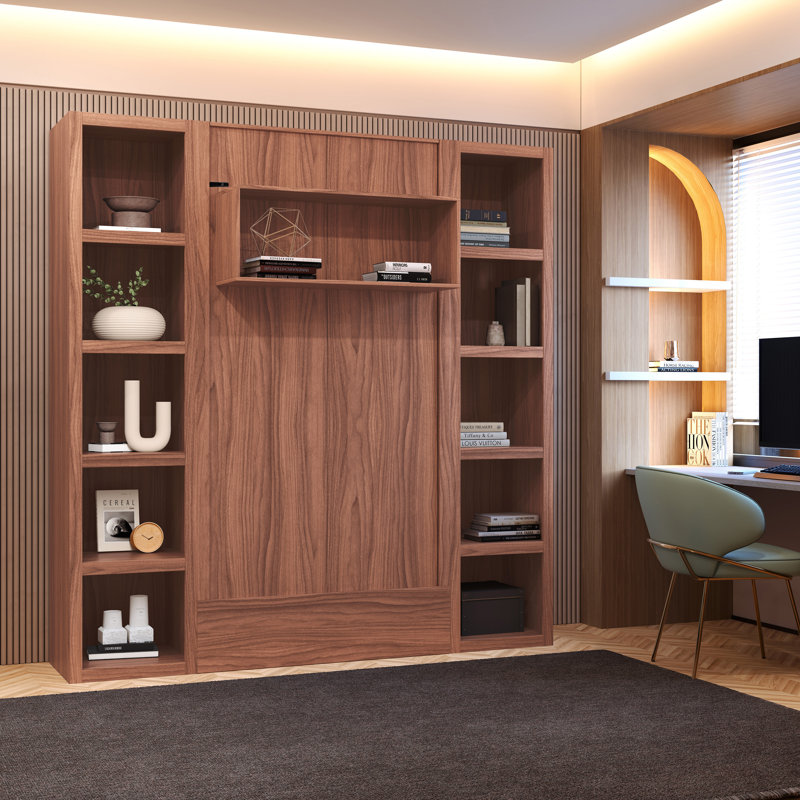 Lit escamotable Easy-Lift en grain de bois avec deux étagères, Lit simple, Brun