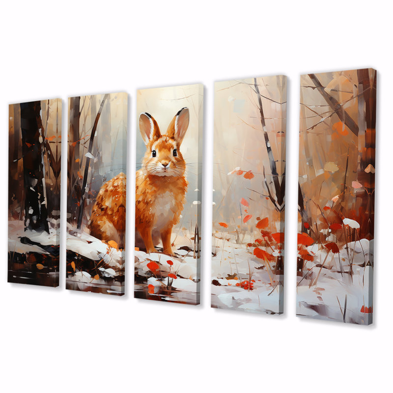 Frosty Rabbit Winter Solitude - Lapin, art mural sur toile 5 pièces, H 32 po x l 80 po