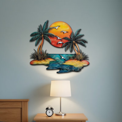 Coastal Metal Palm Tree Wall Decor, Sunset Tropical Beach Wall Art for Bedroom Bathroom Living Room