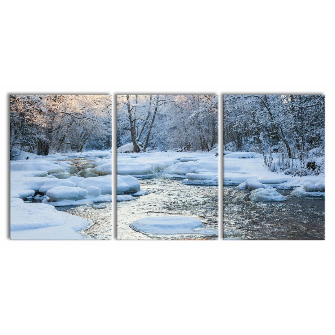 3-tlg. Leinwandbilder-Set Stream in Winter Landscape