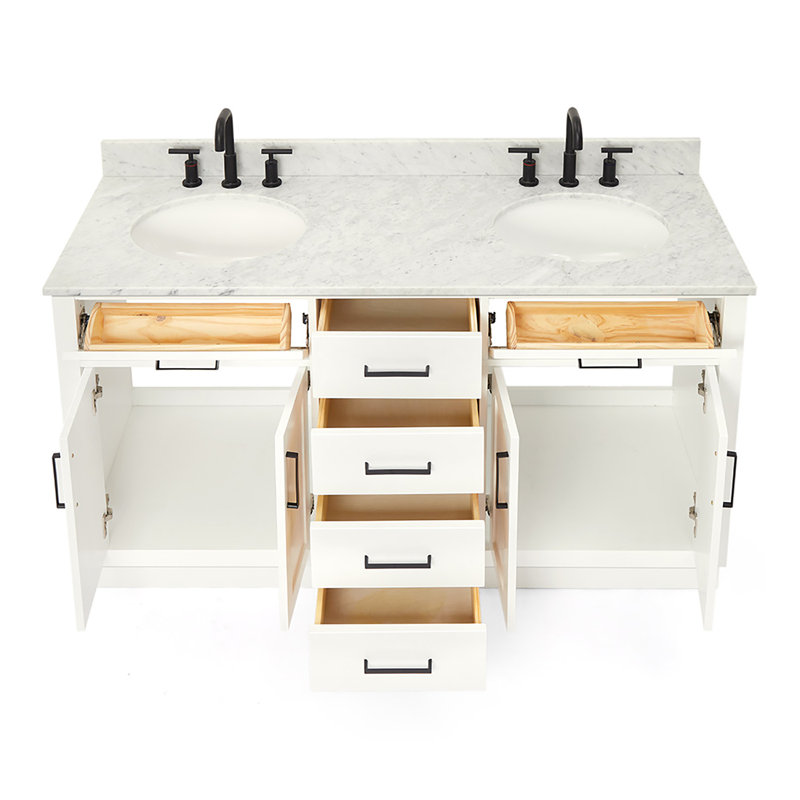 Jameal 60'' Solid Wood Double Bathroom Vanity with 0.75'' Carrara Marble Top Sinks, Oval, White